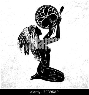 Young beautiful woman with a tambourine. witch woman shaman symbol. Woman in chief headdress looking to the side. Boho style fashion girl. Stock Vector