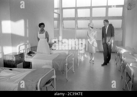 Queen Elizabeth II visits a hospital during her visit to the Caribbean island of Antigua in 1966, which remained a British colony until 1981. Stock Photo