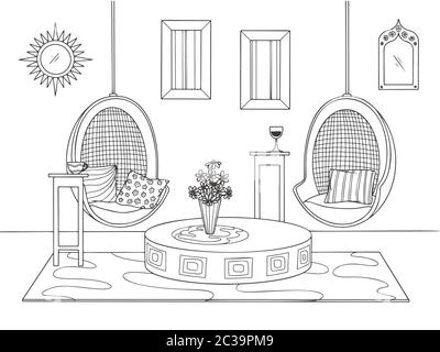 Sketch a cozy living room in boho style. Suspended chairs and various decorative elements. Vector illustration in sketch style. Stock Vector