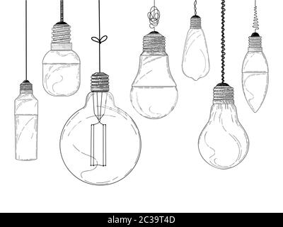 Sketch of hanging light bulbs isolated on a white background. Seamless pattern. Vector illustration Stock Vector