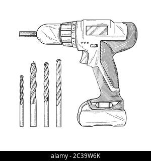 Sketch Screwdrivers with a drill isolated on a white background. Vector illustration Stock Vector