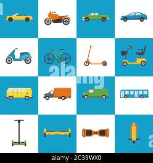 Collection of different transport icons in flat style. City transportation symbols set. Stock Vector