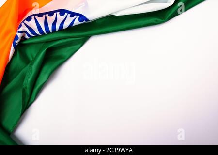Indian republic day, flat lay top view, Indian tricolor flag on white background with copy space for your text Stock Photo