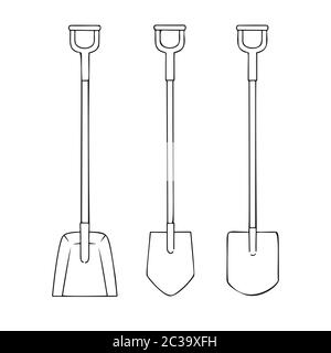 Set of different garden tools. Shovel, spade isolated on a white background. Vector illustration in sketch style. Stock Vector