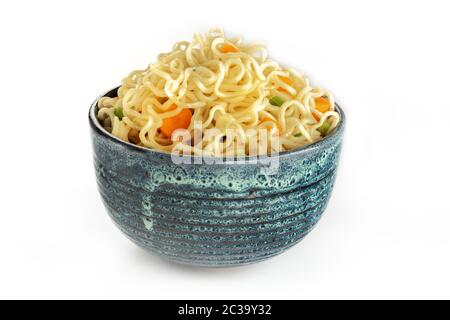 Instant noodles with carrot and scallions, vegetable soba bowl on white Stock Photo