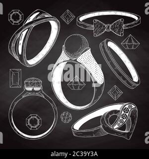 Hand drawn a set of different jewelry rings. Vector illustration of a sketch style. Stock Vector