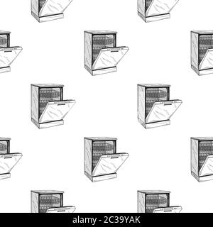 Seamless pattern. Dishwasher on white background. Vector illustrations in sketch style Stock Vector