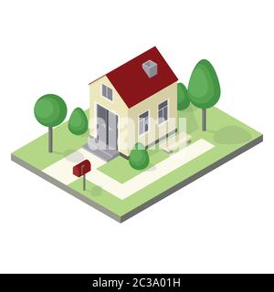 Vector isometric house icon with 3d trees, lawn and mailbox Stock Vector