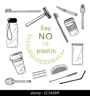 Large set of different environmental items. Zero waste. Vector illustration Stock Vector