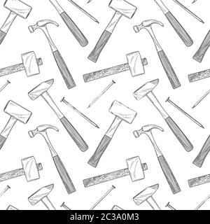 Seamless pattern with different hammers and nails on a white background. Vector illustration in sketch style. Stock Vector