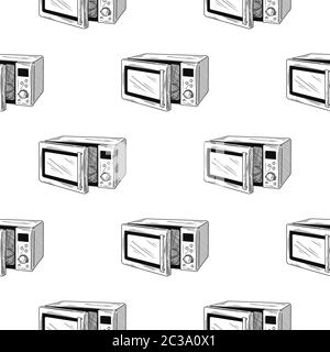 Seamless pattern. Microwave oven on white background. Vector illustrations in sketch style Stock Vector