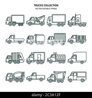 Truck icons set in thin line style. Trucking industry symbols collection isolated. Different types of cargo transportation vehicles. Stock Vector