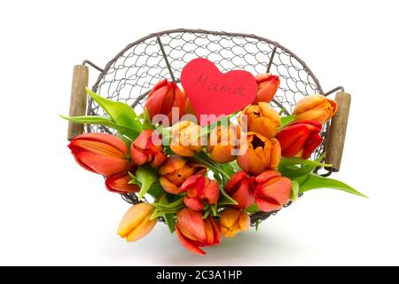tulips and heart in a basket - mother's day Stock Photo