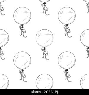 Seamless pattern. Different balloons. Inflatable balls on a string. Vector illustration in sketch style Stock Vector