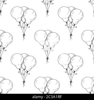 Seamless pattern. Different balloons. Inflatable balls on a string. Vector illustration in sketch style Stock Vector