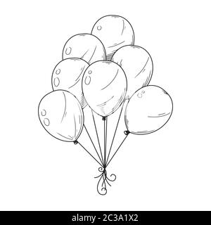Different balloons. Inflatable balls on a string. Vector illustration in sketch style Stock Vector