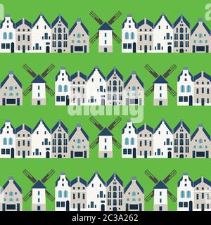 Traditional dutch houses and mills - seamless vector pattern with Stock Vector