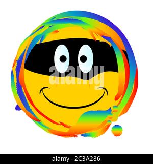 Emoji smiley face with a bandit mask web button set on a rainbow Stock Photo