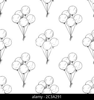 Seamless pattern. Different balloons. Inflatable balls on a string. Vector illustration in sketch style Stock Vector
