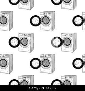 Seamless pattern. Washing machine on white background. Vector illustrations in sketch style Stock Vector