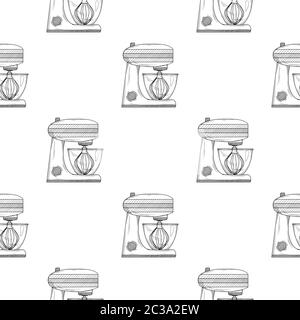 Seamless pattern. Food processor on white background. Vector illustrations in sketch style Stock Vector