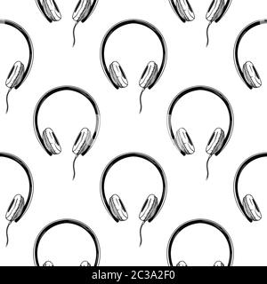 Seamless pattern. Headphones on white background. Vector illustrations in sketch style Stock Vector