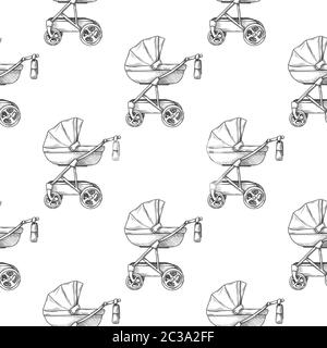 Seamless pattern. Pram, baby carriage on a white background. Vector illustration in sketch style. Stock Vector