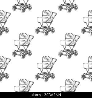 Seamless pattern. Pram, baby carriage on a white background. Vector illustration in sketch style. Stock Vector