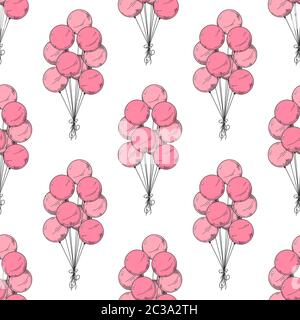 Seamless pattern. Different balloons. Inflatable balls on a string. Vector illustration in sketch style Stock Vector