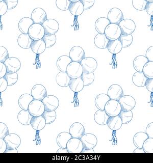 Seamless pattern. Different balloons. Inflatable balls on a string. Vector illustration in sketch style Stock Vector