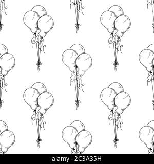 Seamless pattern. Different balloons. Inflatable balls on a string. Vector illustration in sketch style Stock Vector