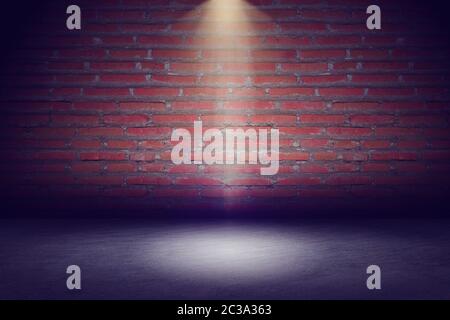 Dark room with tile floor and red brick wall background. HD Image and Large Resolution. can be used as desktop wallpaper Stock Photo