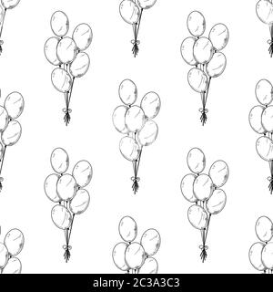 Seamless pattern. Different balloons. Inflatable balls on a string. Vector illustration in sketch style Stock Vector
