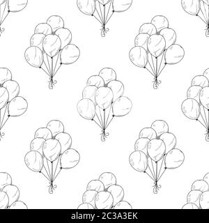 Seamless pattern. Different balloons. Inflatable balls on a string. Vector illustration in sketch style Stock Vector