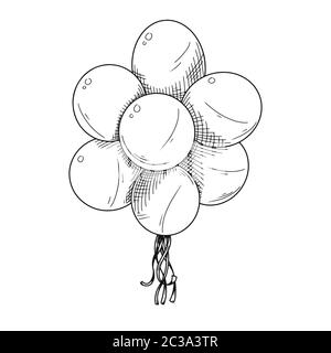 Different balloons. Inflatable balls on a string. Vector illustration in sketch style Stock Vector
