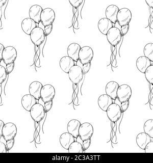 Seamless pattern. Different balloons. Inflatable balls on a string. Vector illustration in sketch style Stock Vector