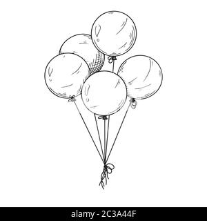 Different balloons. Inflatable balls on a string. Vector illustration in sketch style Stock Vector