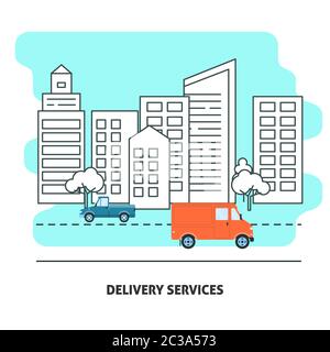 Delivery services banner template in flat style. Minivan on a city street. Cargo transportation concept illustration with place for text. Stock Vector