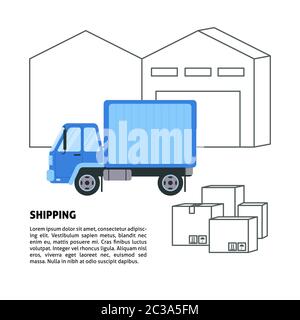 Shipping and warehouse banner template in flat style. Truck with boxes near warehouse building. Transportation concept symbols. Trucking services illu Stock Vector