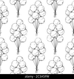 Seamless pattern. Different balloons. Inflatable balls on a string. Vector illustration in sketch style Stock Vector