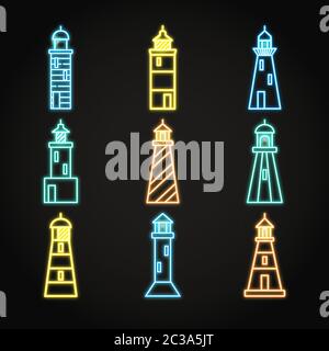 Lighthouse icon set in glowing neon style. Nautical building symbols vector illustration. Stock Vector