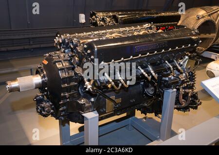 Rolls Royce Merlin lll engine; went on to be used in Spitfire and Hurricane fighter plane in the Battle of Britain. The Royal Air Force Museum London UK. (117) Stock Photo