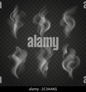 Translucent smoke waves collection isolated on dark background. Trickles of cigarettes smoke vector set. Stock Vector