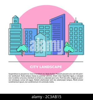 Vector card with city street in thin line style. Banner or poster template with modern buildings and place for text. Stock Vector