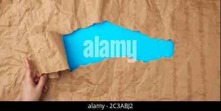 crumpled paper texture from a brown sheet of paper with greasy spots and a large hole with a twisted corner, abstract banner for the designer, blue ba Stock Photo