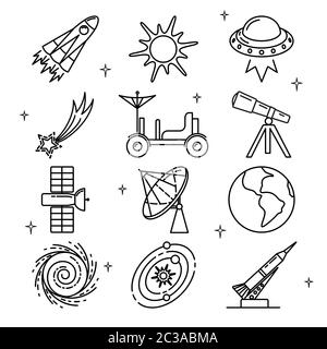 Space icons collection in thin line style. Spaceship, sun, UFO, planet, rocket and other symbols. Stock Vector