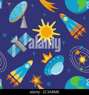 Seamless pattern with bright space icons in flat style. Spaceships, planets and other symbols on dark background. Stock Vector
