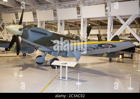 Supermarine Spitfire F24 plane / airplane. Second world war WWII fighter aircraft on show at  RAF Royal Air Force Museum in Hendon, England, UK (117) Stock Photo