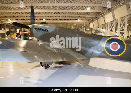 Supermarine Spitfire F24 plane / airplane. Second world war WWII fighter aircraft on show at  RAF Royal Air Force Museum in Hendon, England, UK (117) Stock Photo