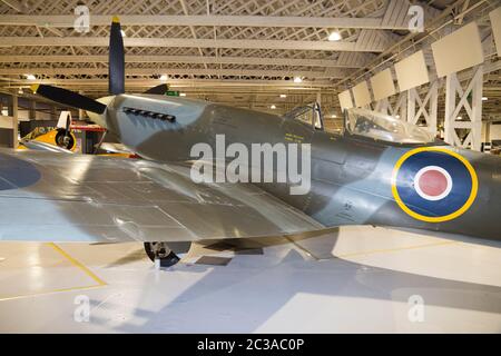 Supermarine Spitfire F24 plane / airplane. Second world war WWII fighter aircraft on show at  RAF Royal Air Force Museum in Hendon, England, UK (117) Stock Photo